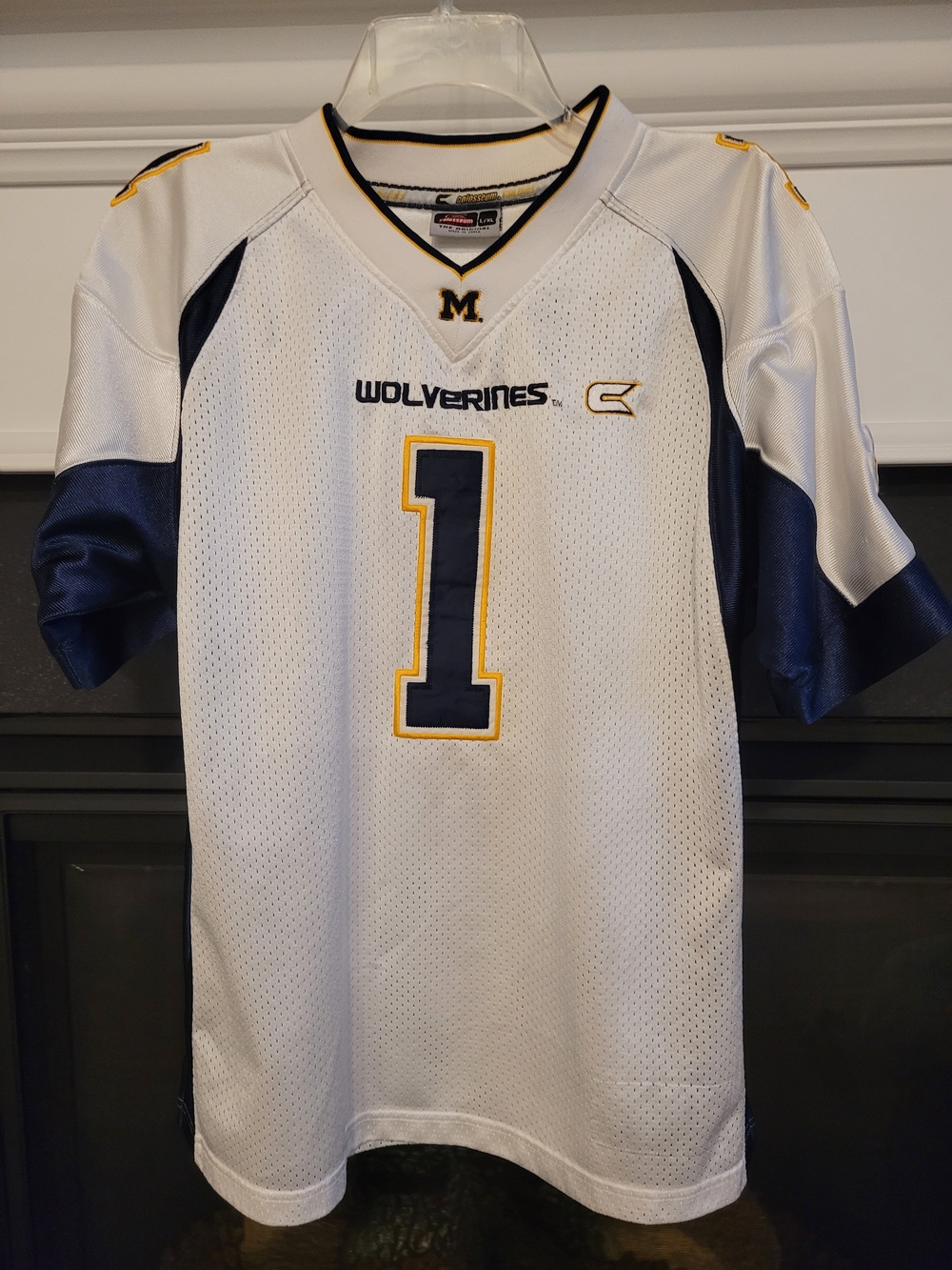 University Of Michigan, Colosseum White Football Jersey w/Navy & Yellow Trim #1